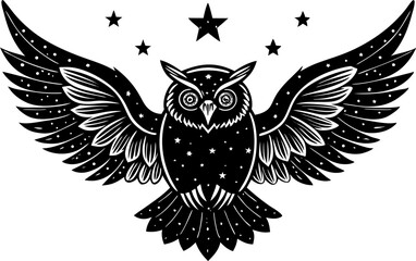 Obraz premium A black and white illustration of an owl with outstretched wings, its body and wings filled with a starry night sky pattern, and several stars above it.