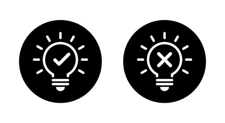 Light bulb check and cross mark icon on black circle. Business lamp with checkmark and x sign symbol