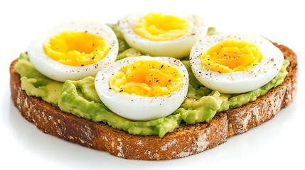 Avocado Toast with Sliced Boiled Eggs, Cracked Pepper on Multigrain Bread on White Surface