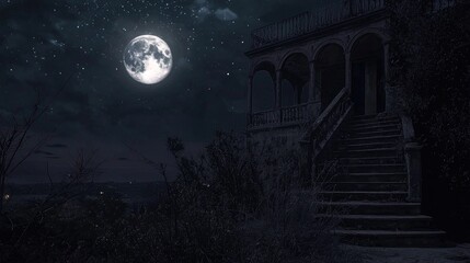 Fototapeta premium Mysterious mansion at night under a full moon.