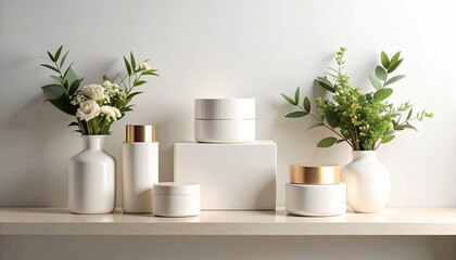 White containers with gold accents alongside green floral arrangements on a neutral surface
