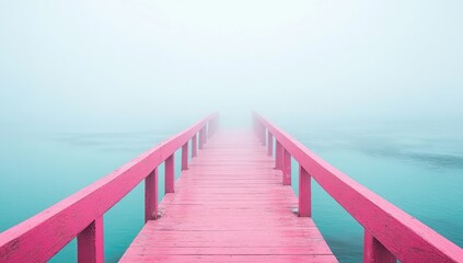 Obraz premium Pink wooden bridge into a misty expanse