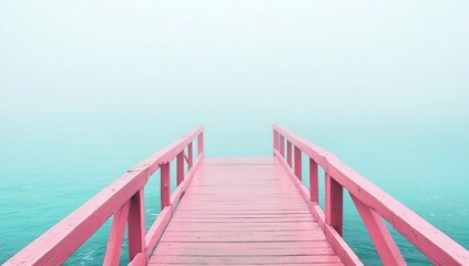 Fototapeta premium Pink wooden pier extending into a misty teal sea