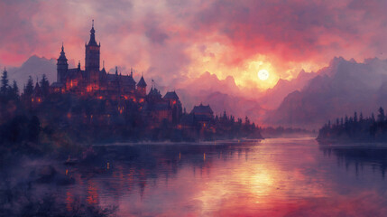 Naklejka premium Cityscape sunset on riverbank