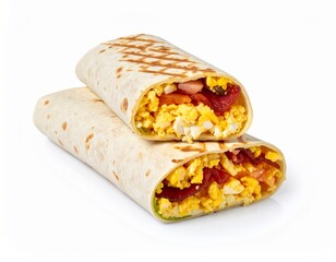 Delicious breakfast wrap, cut to show scrambled eggs, bacon, and tomatoes inside. Grilled marks visible