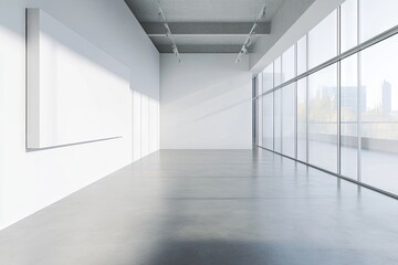 Fototapeta premium Modern. spacious art gallery interior featuring large windows with city views. minimalistic design. and an empty white canvas ready for artwork display