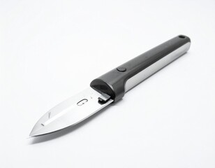 A sleek, modern vegetable peeler with a stainless steel blade and ergonomic black and silver handle