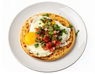 Sunny-side up egg atop a tortilla, garnished with salsa and cilantro on a white plate