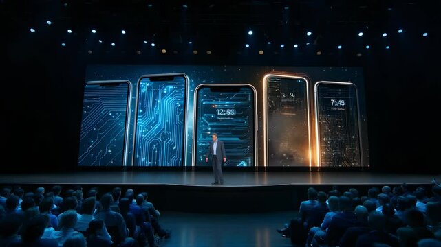 Ceo presenting new mobile phone features during a conference to an audience of journalists and bloggers, standing on stage in front of a large screen displaying various mobile phone interfaces
