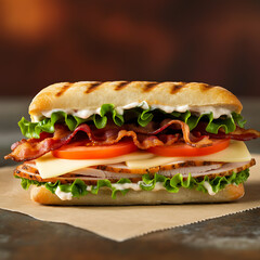 Turkey Club Panini - panini on ciabatta with grilled turkey, bacon, lettuce, tomatoes, swiss, and mayo