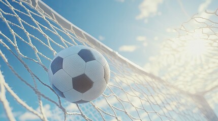 A close-up view of a soccer ball hitting the net of a goal against a clear blue sky. capturing the excitement of a goal in a vibrant outdoor sports setting