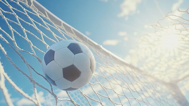 A close-up view of a soccer ball hitting the net of a goal against a clear blue sky. capturing the excitement of a goal in a vibrant outdoor sports setting