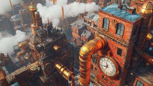 Steampunk cityscape aerial view