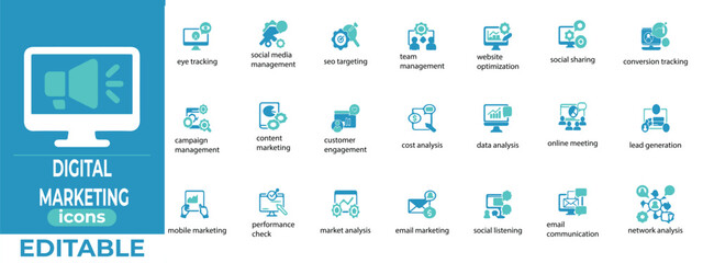 Editable digital marketing icons with a clean look, perfect for SEO, analytics, content strategy, and branding tools.