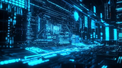 A futuristic digital interface with glowing blue holographic patterns, abstract geometric shapes, and a sleek high tech cyber theme – high-quality AI image