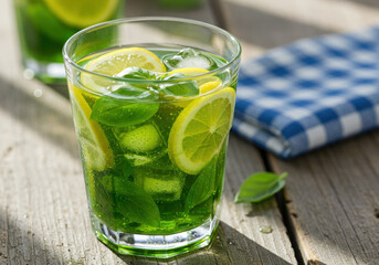 Fototapeta premium Glass of green tea with lemon and mint.