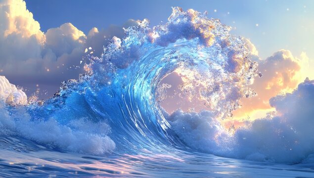 A breathtaking, ethereal wave,  crystalline and vibrant,  surges towards a  sunset sky.  Soft, pastel clouds frame the scene