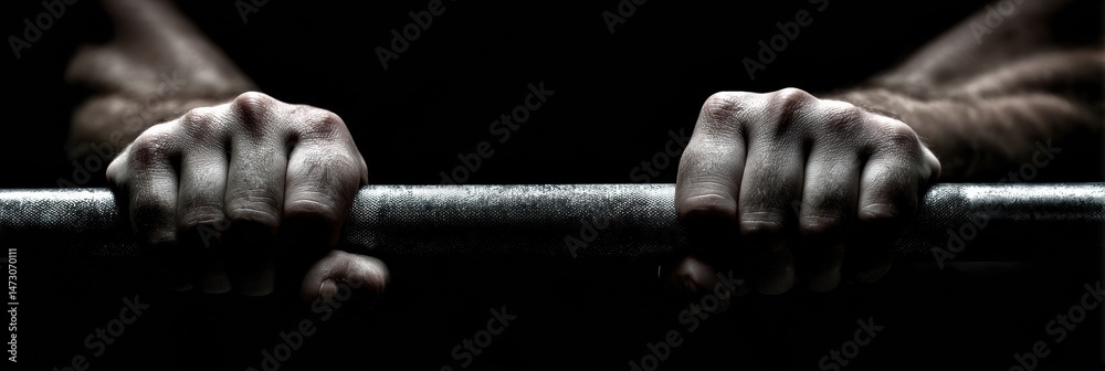 Poster strong hands gripping barbell in contrasting light and shadow during intense workout session in the 