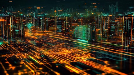 Stock photo concept: A futuristic digital landscape with a glowing global networking grid, ai generated binary code streams, and holographic servers processing data in cyberspace