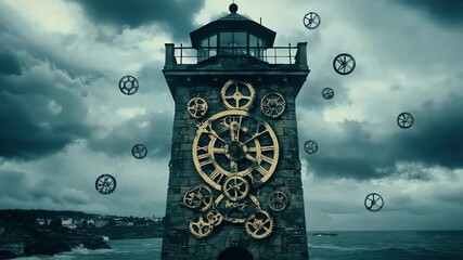Steampunk lighthouse tower, stormy seas. - Powered by Adobe