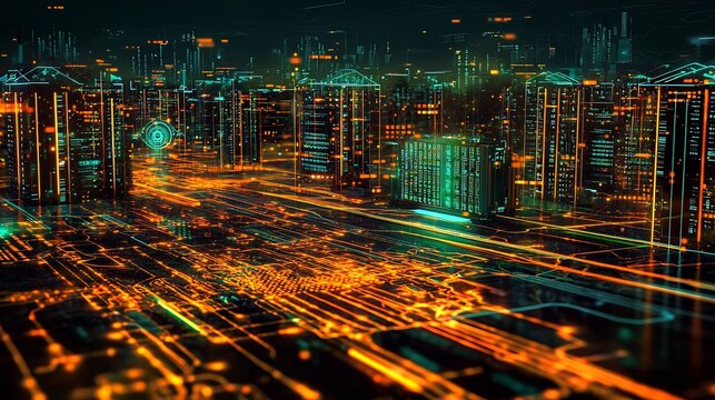 Stock photo concept: A futuristic digital landscape with a glowing global networking grid, ai generated binary code streams, and holographic servers processing data in cyberspace - Powered by Adobe