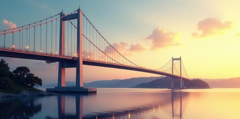 Fototapeta premium Serene Sunset Vista Featuring a Modern Suspension Bridge Spanning a Calm Body of Water