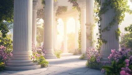 Sunlit colonnaded garden pavilion