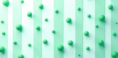Abstract mint green spheres scattered on pastel striped background. A minimalist design featuring various sized spheres arranged in a visually appealing pattern.
