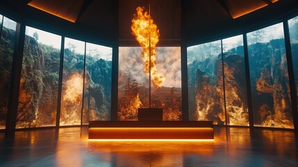 A stunning immersive installation featuring a central fire display surrounded by vivid projections of forest fires and serene landscapes. creating a dramatic contrast in an art space