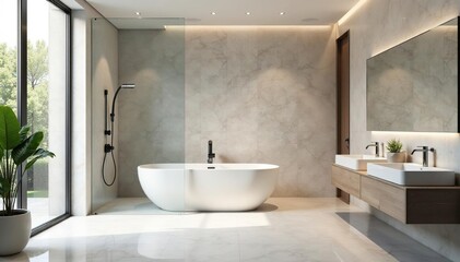Sleek modern bathroom with freestanding tub and large shower Minimalist design, neutral tones , sink, architecture, home improvement