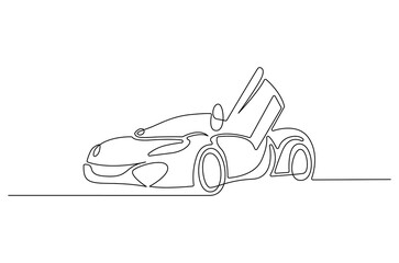 Obraz premium Continuous one line drawing of Sports car open the door. Single line drawing illustration of Car opened the door. Luxury sports car concept vector art. Doodle line illustration.