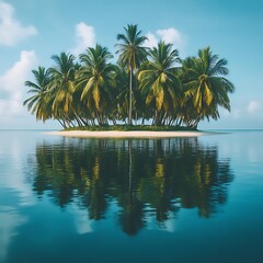 Obraz premium Tropical island paradise. Tranquil scene of a secluded island with lush palm trees, reflecting perfectly in calm turquoise water