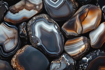 Intricate agate stones, various shades of brown, gray, and white.  Detailed banding patterns and smooth textures