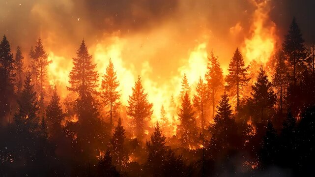 激しく燃え上がる森林（山火事）のイメージ風景
