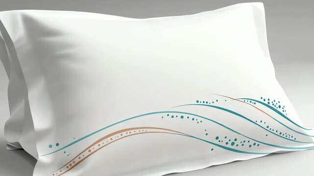 White pillowcase with teal and brown design.