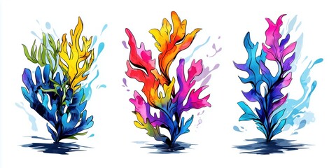 Fototapeta premium Beautiful set showcases watercolor coral illustrations: vibrant hand-drawn designs with high fidelity, featu colorful underwater plants against a white background.