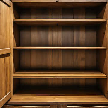 Close up of empty wooden shelves inside a rustic cupboard, highlighting the natural grain and texture of the wood