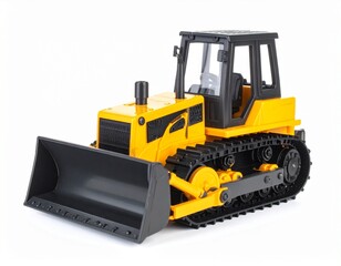 Fototapeta premium Yellow bulldozer with black tracks and a large blade against a bright white backdrop