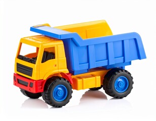 Plastic toy dump truck blue bed, yellow cab, black wheels, isolated on white background
