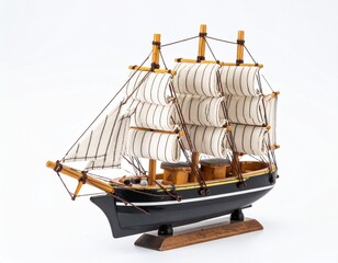 Ornate, small, model sailing ship with patterned sails and details on white background