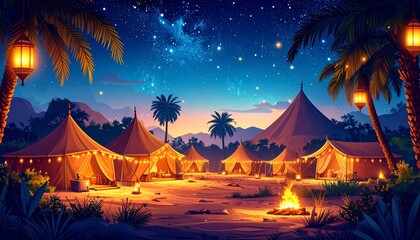 Desert camp glows under starlit sky; tents, palm trees, fire, create warm ambiance