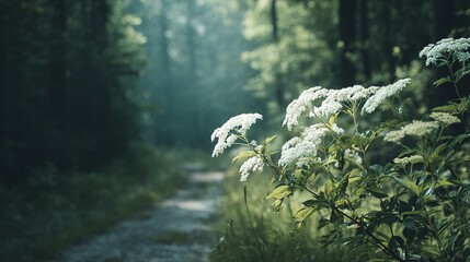 Peaceful forest path highlighted by white flowers.