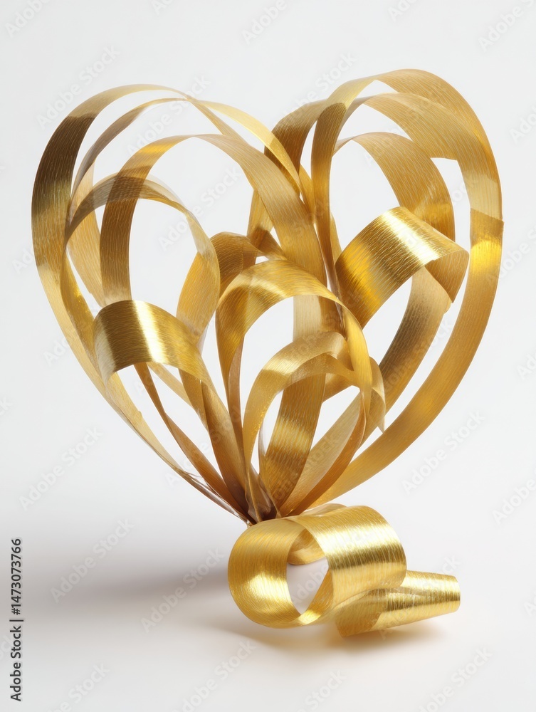 Poster golden ribbon loops create the shape of a decorative gift bow on a light background for celebratory 