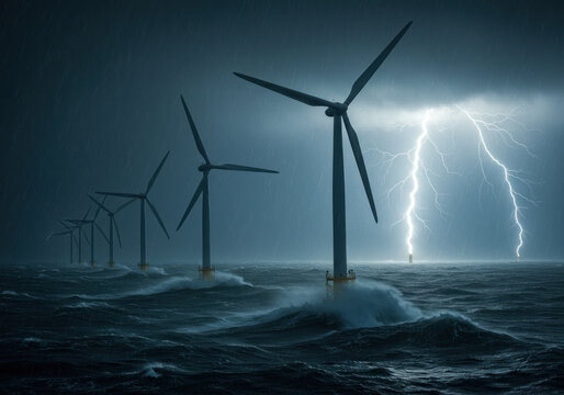 Lightning strikes by ocean wind turbines. - Powered by Adobe