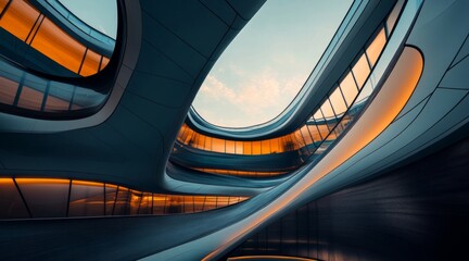 Obraz premium Harmonic Architecture: A captivating modern architectural interior design with flowing lines, open spaces, and an interplay of light and shadow creates a sense of wonder.