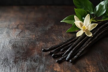 Dark, rich vanilla pods,  a delicate flower, and vibrant green leaves