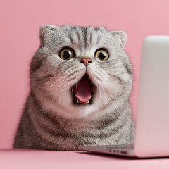 Cute Gray Cat Feline with Adorable Pink Paws Perched on Laptop Displaying Silly Shocked Expression - Funny Surprised Look with Big Curious Eyes and Open Mouth - Soft Whiskers, Fluffy Fur, Happy Mood