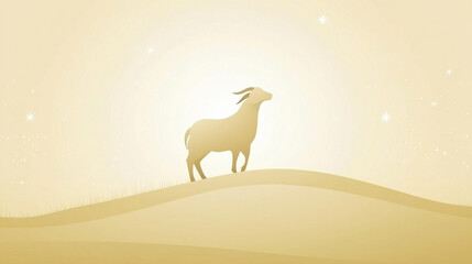 Golden Goat Stands on Hill Under Stars, Illustration with Animal and Landscape Themes