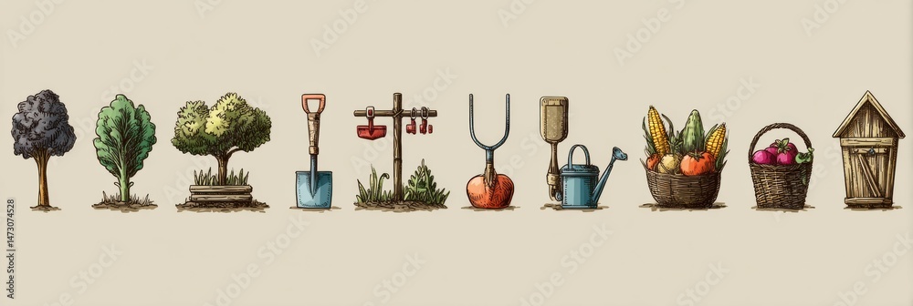 Poster icon set featuring a variety of farm tools and produce arranged in a light design suitable for agric