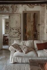 Rustic Charm Living Room: A cozy and inviting living room with an off-white sofa with patterned cushions. The room is decorated in a rustic style, with exposed brick walls and wooden beams.